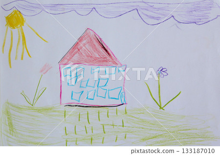 Childish drawing of house flowers and butterflies Childish drawing of house flowers and butterflies 133187010