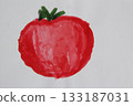 Children drawing with red tomato on white background. Artwork with drawing 133187031