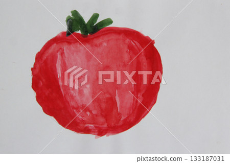 Children drawing with red tomato on white background. Artwork with drawing Children drawing with red tomato on white background. Artwork with drawing 133187031