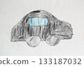 Children drawing with black car on white background. Artwork with drawing 133187032