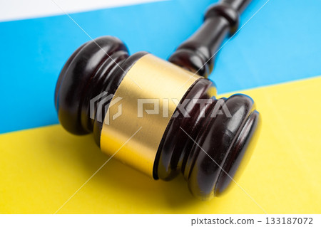 Ukraine flag with judge hammer, Law and justice court. 133187072