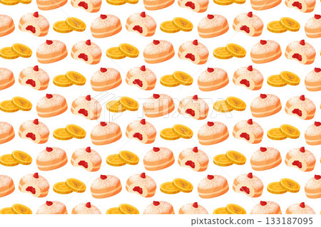 Seamless pattern with sufganiyot and chocolate gelt coins Seamless pattern with sufganiyot and chocolate gelt coins 133187095