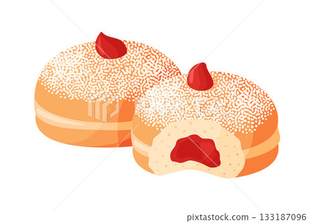two sufganiyah doughnuts with powdered sugar and jelly filling, one whole and one bitten 133187096