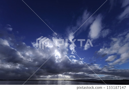 變幻莫測的傍晚天空,雲朵形態各異,港口景色迷人。超廣角鏡頭,聚焦天空。下午2:18 變幻莫測的傍晚天空,雲朵形態各異,港口景色迷人。超廣角鏡頭,聚焦天空。下午2:18 133187147