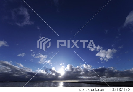 變幻莫測的傍晚天空，雲朵形態各異，港口景色迷人。超廣角鏡頭，聚焦天空。下午2:18 133187150