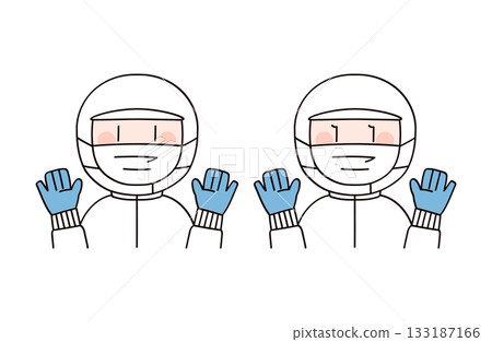 Two men and women wearing rubber gloves, representing a food factory or school lunch worker 133187166