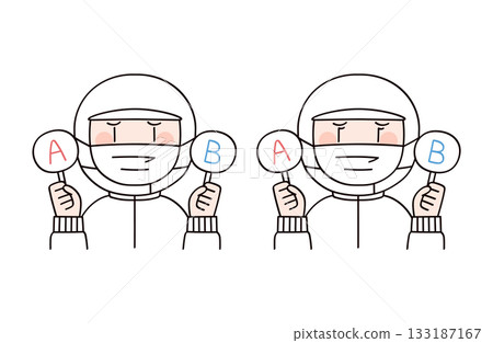 Two men and women with food factory or school lunch staff images holding answer cards Two men and women with food factory or school lunch staff images holding answer cards 133187167