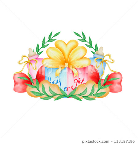 A watercolor composition for a baby gender reveal party, featuring a cake, baby bottles, bows, and leaves. This white background clip art is perfect for invitations, cards, printed materials. A watercolor composition for a baby gender reveal party, featuring a cake, baby bottles, bows, and leaves. This white background clip art is perfect for invitations, cards, printed materials. 133187196
