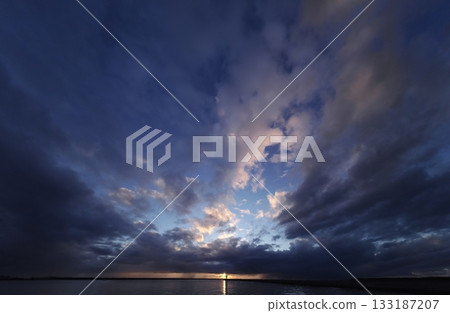 Dynamic evening sky with a variety of clouds and the harbor. Ultra-wide angle. Sky-focused. 240218pm Dynamic evening sky with a variety of clouds and the harbor. Ultra-wide angle. Sky-focused. 240218pm 133187207