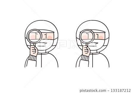 兩名男女正在食品工廠或學校午餐工作人員的辦公室裡用放大鏡觀察。 133187212