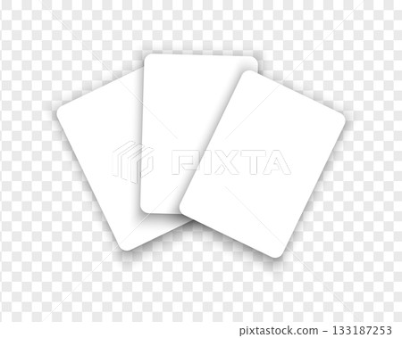 Three empty white playing cards isolated on transparent background. Playcard templates. Discount, gift or credit card mockups. Poker game concept. Vector realistic illustration Three empty white playing cards isolated on transparent background. Playcard templates. Discount, gift or credit card mockups. Poker game concept. Vector realistic illustration 133187253
