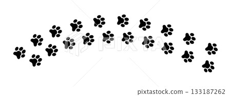 Track of wet or mud pawprints of dog or cat. Pet paw steps on floor or snow. Foot print of running or walking wild animals isolated on white background. Vector graphic illustration 133187262
