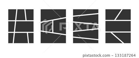 Set of graphic novel page templates. Black anime comic book panels isolated on white background. Grids for manga storyboard, photo collage, magazine, poster or brochure. Vector illustration Set of graphic novel page templates. Black anime comic book panels isolated on white background. Grids for manga storyboard, photo collage, magazine, poster or brochure. Vector illustration 133187264