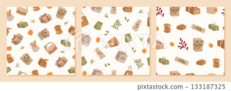 Kraft gift box seamless pattern background in flat vintage style. Eco present and paper package detail create a soft xmas pack, perfect as a holiday or festive wrapping collection. Kraft gift box seamless pattern background in flat vintage style. Eco present and paper package detail create a soft xmas pack, perfect as a holiday or festive wrapping collection. 133187325