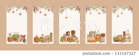 Kraft gift box banner in flat holiday design style. Present and ribbon package collection with rustic craft. Christmas vertical composition for festive decor and seasonal display context. Kraft gift box banner in flat holiday design style. Present and ribbon package collection with rustic craft. Christmas vertical composition for festive decor and seasonal display context. 133187327