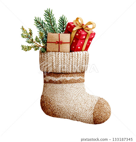 Illustration of a stocking with Christmas gifts on a transparent background (png) 133187345