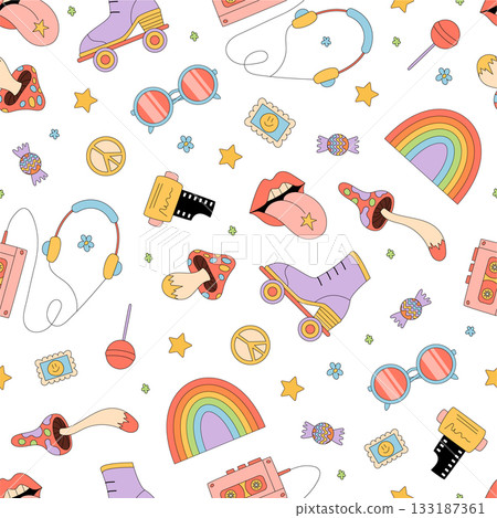 Groovy retro seamless psychedelic sticker pattern fills the background with funky colorful rainbow and mushroom forms. Y2k influence and playful style create a vibrant, trendy design perfect for Groovy retro seamless psychedelic sticker pattern fills the background with funky colorful rainbow and mushroom forms. Y2k influence and playful style create a vibrant, trendy design perfect for 133187361