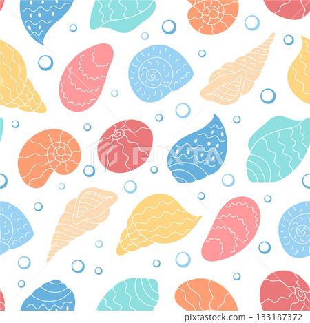 Seamless cartoon underwater shell pattern. Marine design with aquatic seashell shapes and ocean motifs. Vibrant doodle texture, playful sea elements, ideal for summer theme backgrounds. 133187372