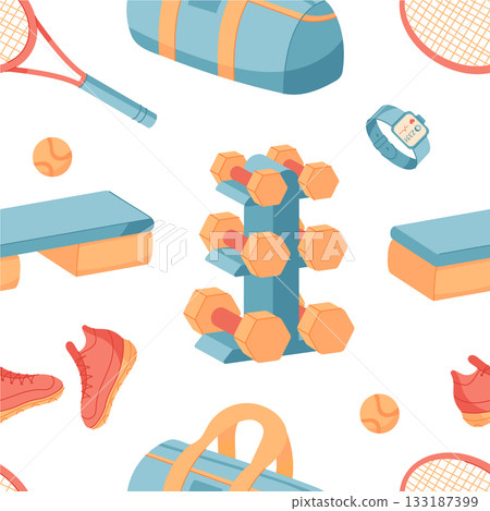 Seamless cartoon gym equipment pattern. A colorful layout of sport tools and accessories for workout and fitness activities. Perfect for training themes, seamless decoration, active lifestyle 133187399