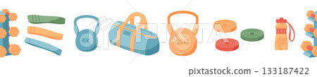 Flat seamless border with gym and fitness equipment pattern. Dumbbells, kettlebells, and workout tools form a colorful decorative frame. Ideal for sport themes, exercise designs, fitness patterns with Flat seamless border with gym and fitness equipment pattern. Dumbbells, kettlebells, and workout tools form a colorful decorative frame. Ideal for sport themes, exercise designs, fitness patterns with 133187422