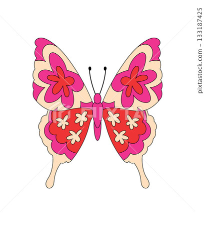 Groovy retro butterfly with pink flower in funky patch art. Cute nature doodle adds colorful y2k and groovy element style, vintage touch, ideal for playful creative sticker or patch print. 133187425