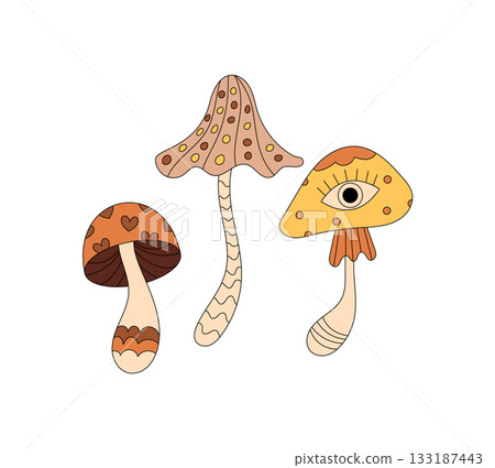 Groovy y2k cartoon magic mushroom with trippy eye as groovy element. Shroom design in fantasy and psychedelic yellow style, retro cool detail for playful decor and nature themes. 133187443