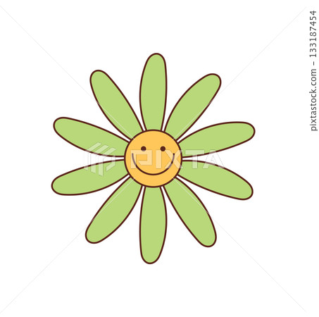 Groovy retro flower in funky cartoon graphic style with cute, happy smile and colorful look. This groovy element blends y2k vibes and cheerful graphic style for vintage, modern or pop backgrounds. 133187454