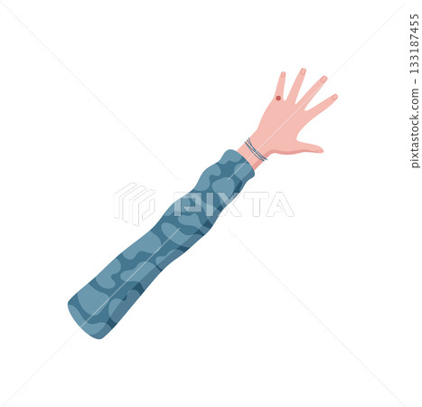 Flat style hand gesture with palm and five fingers raised. Cartoon style pose showing the number 5 for counting. Arm with sleeve reaching upward, isolated on white, suitable for math concepts or Flat style hand gesture with palm and five fingers raised. Cartoon style pose showing the number 5 for counting. Arm with sleeve reaching upward, isolated on white, suitable for math concepts or 133187455
