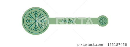Green winter sticker with a snowflake ornament as package seal on lid. Holiday icon in outline style, perfect for christmas theme and decorative product packaging. 133187456
