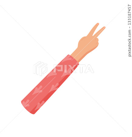 Flat cartoon hand gesture with two fingers up. Human hand showing number two with a clothed arm in professional graphic style. Perfect for math, counting, or educational visuals. Flat cartoon hand gesture with two fingers up. Human hand showing number two with a clothed arm in professional graphic style. Perfect for math, counting, or educational visuals. 133187457