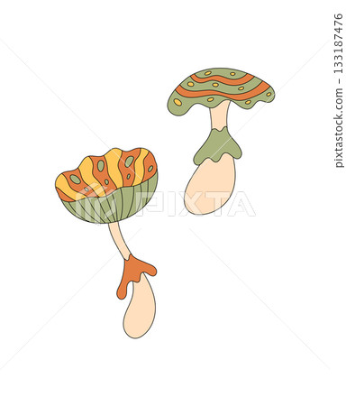 Groovy retro mushroom with psychedelic and cartoon graphic style, vibrant orange accents set in a fantasy world. Trippy shroom and magic groovy element evoke y2k trends for playful artistic decor 133187476