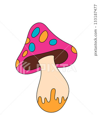 Groovy pink mushroom with psychedelic and cartoon graphic style in colorful orange. Retro shroom emerges as magic, trippy groovy element, ideal for retro, fun and pop inspired vintage fantasy art. Groovy pink mushroom with psychedelic and cartoon graphic style in colorful orange. Retro shroom emerges as magic, trippy groovy element, ideal for retro, fun and pop inspired vintage fantasy art. 133187477
