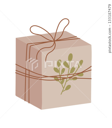 Rustic eco kraft gift box graphic in flat style. Present with ribbon and cardboard texture expresses sustainable holiday or christmas decor. Neutral brown color, perfect for seasonal celebration Rustic eco kraft gift box graphic in flat style. Present with ribbon and cardboard texture expresses sustainable holiday or christmas decor. Neutral brown color, perfect for seasonal celebration 133187479