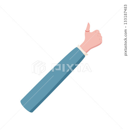 Cartoon hand gesture with finger showing number one. Raised hand pose marking number one for counting. Flat style design, clothed arm with sleeve, isolated concept, professional for educational or 133187483