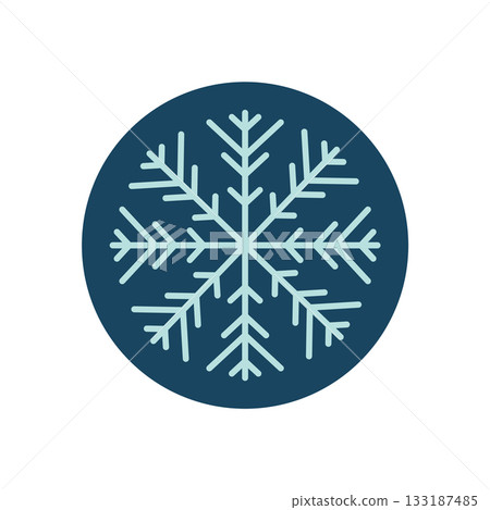 Circle snow flake symbol in icy blue outline style. Frost decoration seal as winter label for box or christmas element. Cold ornament for packaging and seasonal product use. 133187485