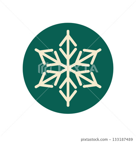 Green circle sticker with snow flake line icon. White snowflake for xmas label and holiday decoration. Winter symbol and christmas label, perfect for box festive use. Green circle sticker with snow flake line icon. White snowflake for xmas label and holiday decoration. Winter symbol and christmas label, perfect for box festive use. 133187489