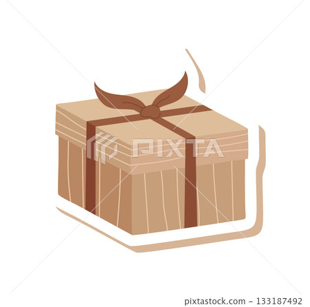 Eco vintage gift box in flat style with kraft color and ribbon bow. Present box patch with subtle christmas feel, simple look for holiday and decor. Natural rustic accent for festive theme. 133187492
