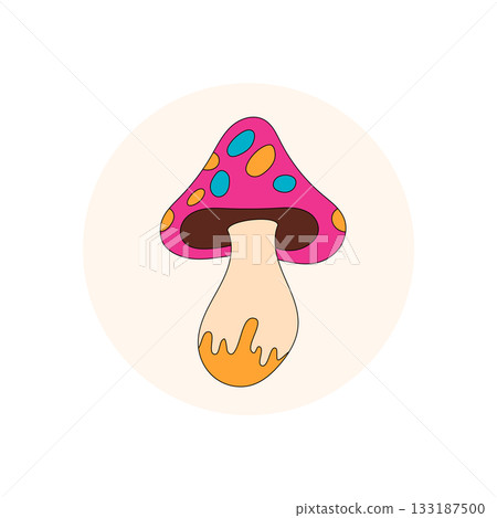 Groovy retro mushroom sticker with colorful patch forms circle seal on package lid. Magic shroom in y2k style as playful sticker patch adds a creative accent for product label and packaging. Groovy retro mushroom sticker with colorful patch forms circle seal on package lid. Magic shroom in y2k style as playful sticker patch adds a creative accent for product label and packaging. 133187500