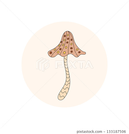 Groovy mushroom sticker in retro doodle style as circle label for box lid. Funky patch with y2k inspiration, package and seal in neutral colors, modern and playful product accent. Groovy mushroom sticker in retro doodle style as circle label for box lid. Funky patch with y2k inspiration, package and seal in neutral colors, modern and playful product accent. 133187506