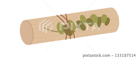 Trendy flat kraft gift box with green plant and ribbon. Cardboard wrapped present as xmas surprise. Modern and eco decor, perfect for holiday or festive package concepts. 133187514