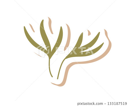 Green branch holiday craft sticker label in flat drawn style. Plant ornament and box decoration with kraft gift element. Perfect for present or holiday decor. 133187519