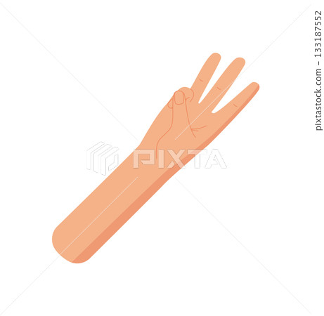 Flat human hand gesture with three fingers. Bare hand showing number three with raised palm. Isolated icon of number counting symbol, math learning concept, preschool or educational element. Flat human hand gesture with three fingers. Bare hand showing number three with raised palm. Isolated icon of number counting symbol, math learning concept, preschool or educational element. 133187552