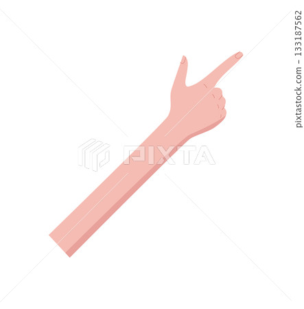 Flat cartoon hand gesture in pointing pose. Human arm with two fingers extended, showing the number two, in a bare skin tone. Professional element for education, math, or preschool materials. Flat cartoon hand gesture in pointing pose. Human arm with two fingers extended, showing the number two, in a bare skin tone. Professional element for education, math, or preschool materials. 133187562