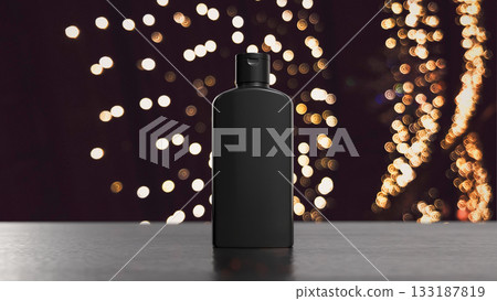 The Black Cosmetic Bottle on Dark Bokeh Background 3d rendering. The Black Cosmetic Bottle on Dark Bokeh Background 3d rendering. 133187819