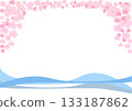 Watercolor background material with a cherry blossom frame and a flowing river 133187862