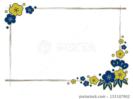 日式方形畫框，飾以鬆木、竹子、梅花和筆觸 / 藍金 133187902