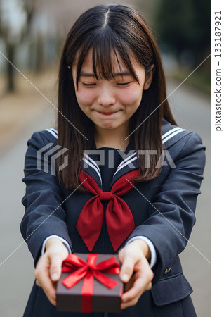 一位高中女生害羞地拿著情人節巧克力 133187921