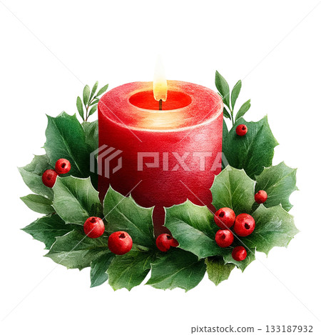 Illustration of a lit red Christmas candle on a transparent background (png) 133187932