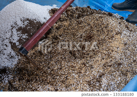 Gardener using a hoe for mix and blend coconut coir, rice husks, cow dung and Perlite for making potting soil. This soil is a soilless, man-made substrate specifically designed for growing plants. 133188180