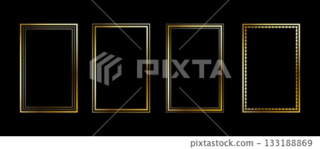Gold thin rectangle frame set. Shining golden square borders in art deco style. Thin linear rectangular cadre collection. Vector yellow glowing shiny boarder shape pack for photo, poster, tarot card Gold thin rectangle frame set. Shining golden square borders in art deco style. Thin linear rectangular cadre collection. Vector yellow glowing shiny boarder shape pack for photo, poster, tarot card 133188869